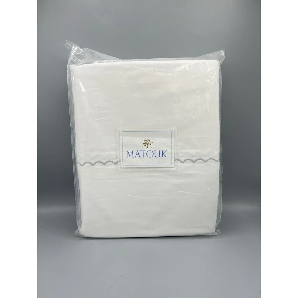 Matouk King 3 Pcs Duvet Cover Set Astrid White Silver Cotton Percale New